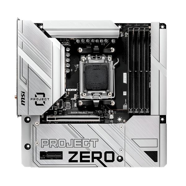 Tarjeta Madre MSI B650M PROJECT ZERO vista frontal con socket AM5 y slots DDR5