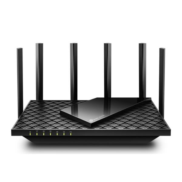 Router WiFi 6E TP-Link AXE75 vista frontal con antenas y luces LED