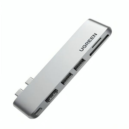 Vista superior del hub USB-C UGREEN CM380 con acabado aluminio premium