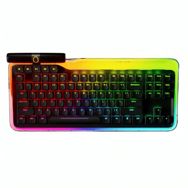 Vista lateral del teclado HYTE KEEB TKL mostrando perfil compacto tenkeyless y conexión USB-C