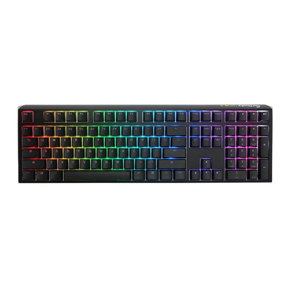 Vista frontal del teclado gaming RGB Ducky One 3 mecánico con switches café y retroiluminación multicolor
