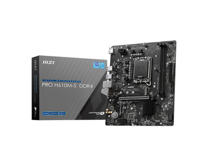 Vista lateral de tarjeta madre MSI H610M-S mostrando conectores SATA y headers internos