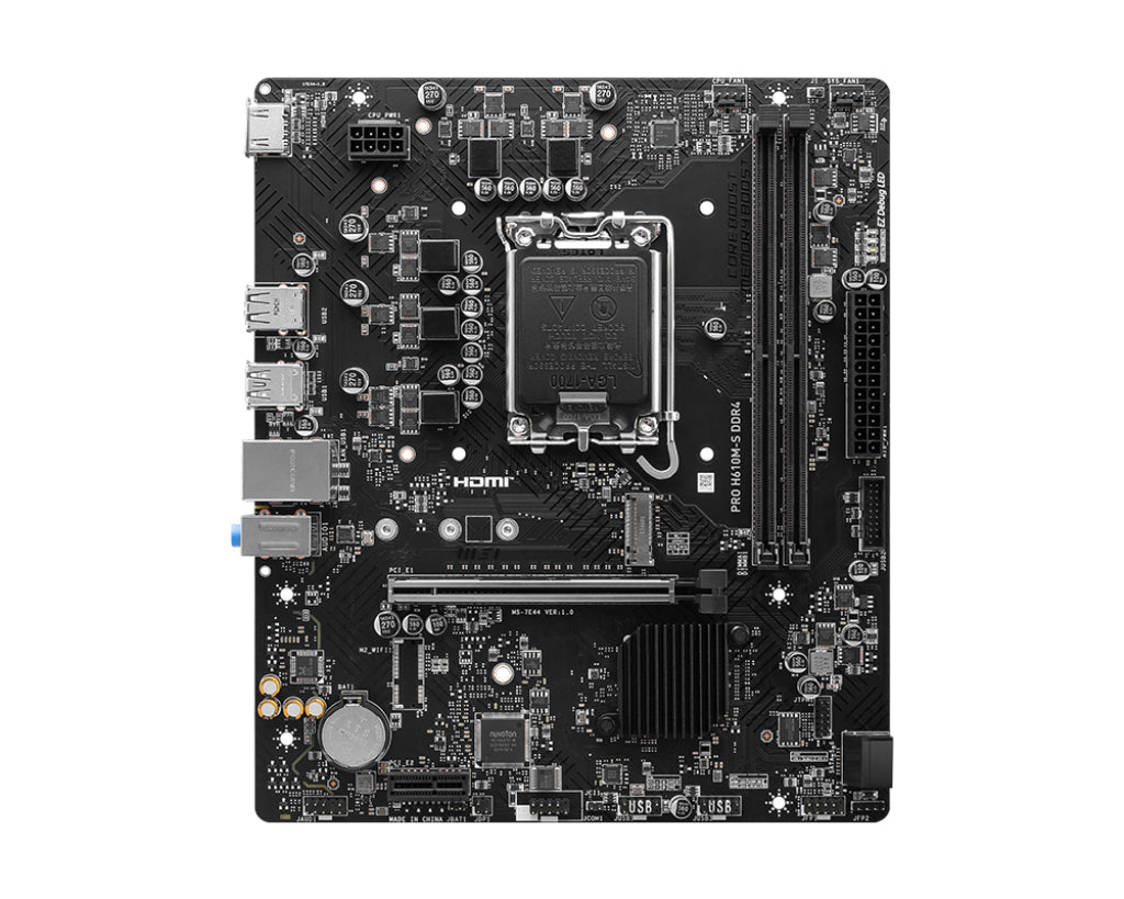 Vista diagonal de MSI PRO H610M-S destacando el chipset H610 y diseño Micro ATX compacto