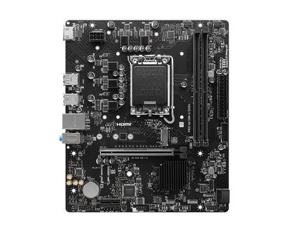 Vista diagonal de MSI PRO H610M-S destacando el chipset H610 y diseño Micro ATX compacto