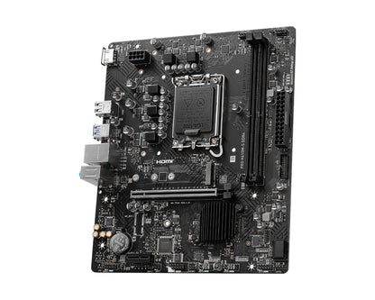 Vista superior de motherboard MSI H610M-S mostrando conectores de alimentación y slots de expansión