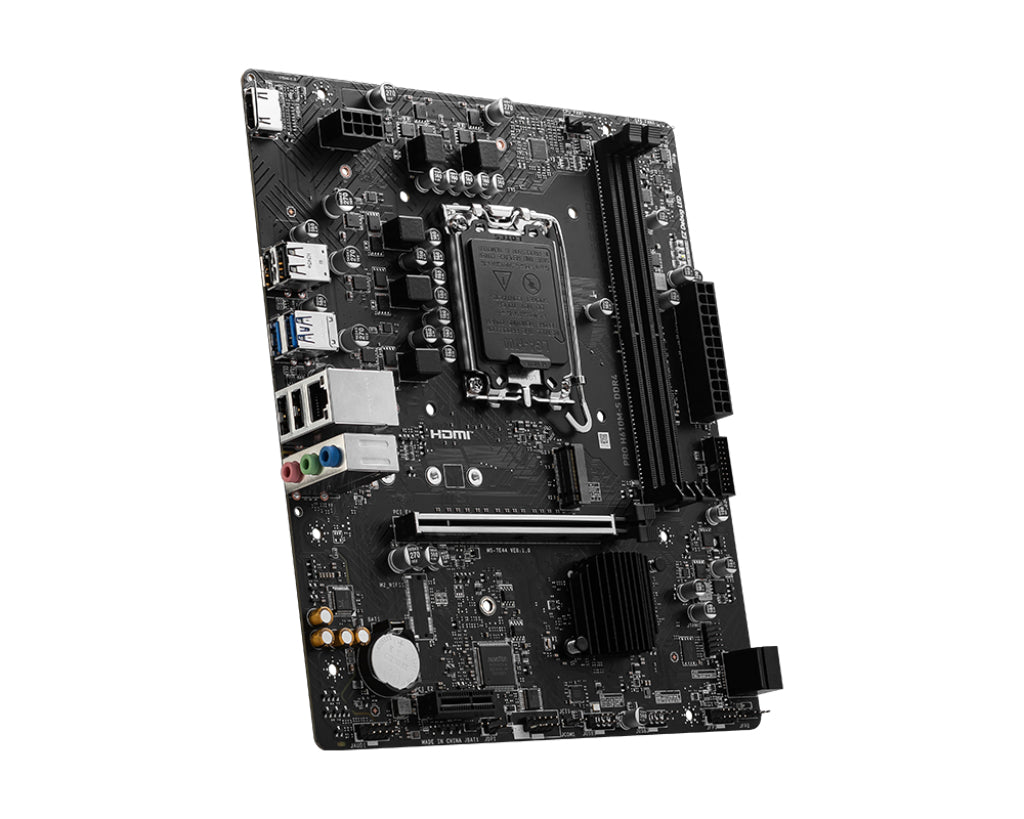 Panel trasero de tarjeta madre MSI PRO H610M-S con puertos USB, HDMI y conectores de audio
