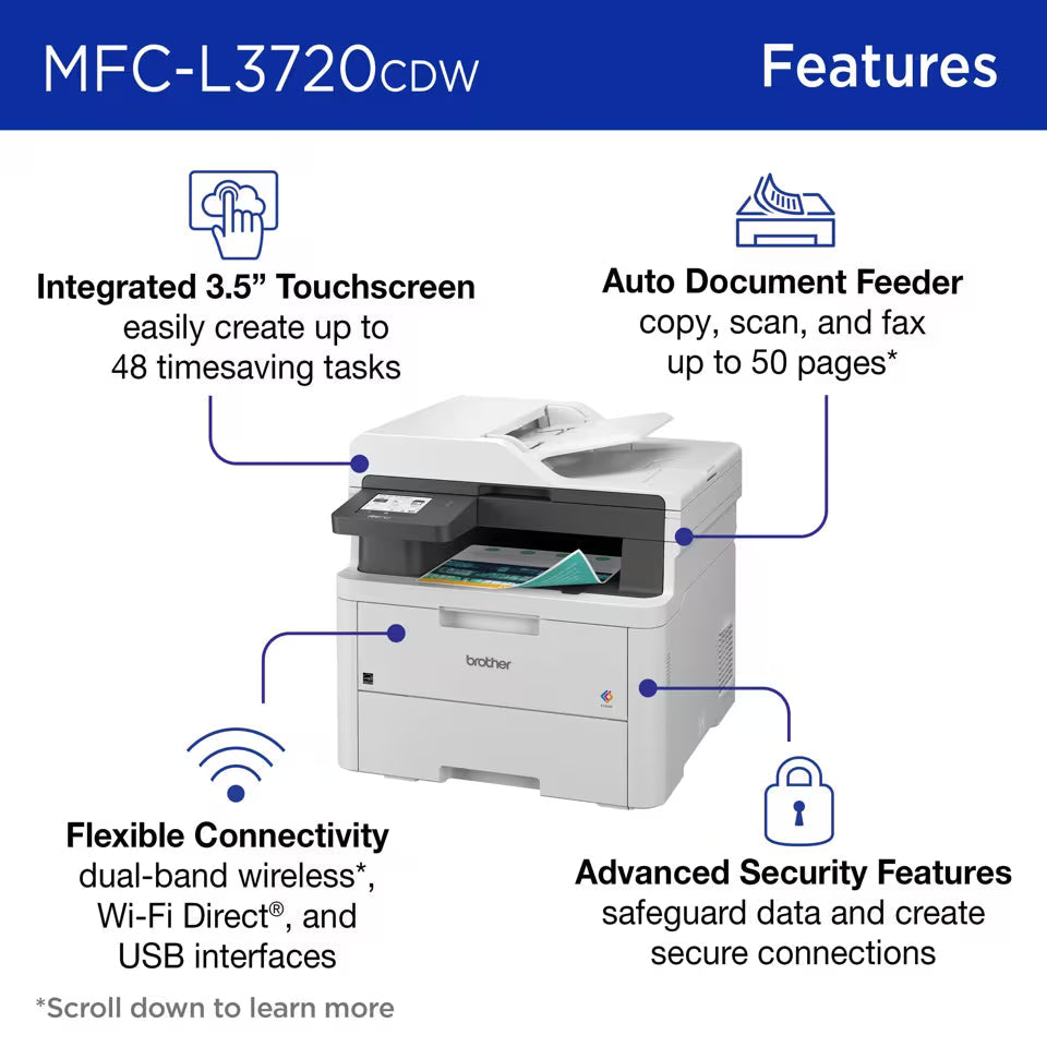 Impresora Multifuncional Brother MFC-L3720CDW a Color Wi-Fi Doble Banda Dúplex con Fax
