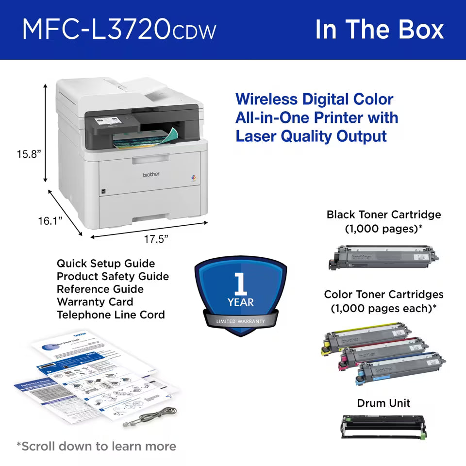 Impresora Multifuncional Brother MFC-L3720CDW a Color Wi-Fi Doble Banda Dúplex con Fax