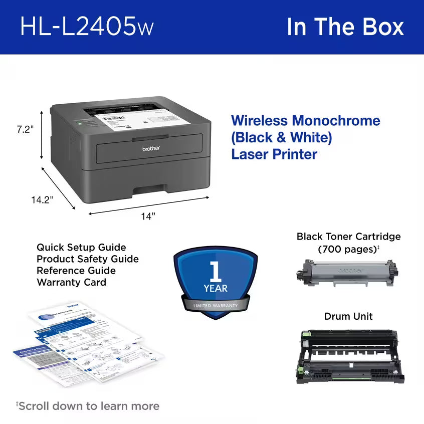 Impresora Láser Monocromática Brother HL-L2405W Wi-Fi Doble Banda y USB 2.0