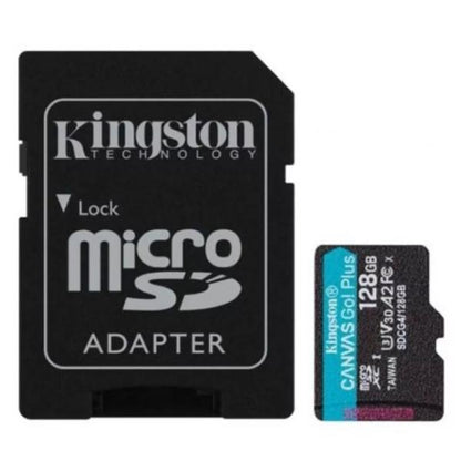 Memoria MicroSD Kingston 128GB SDCG4 negra y turquesa vista frontal con especificaciones técnicas