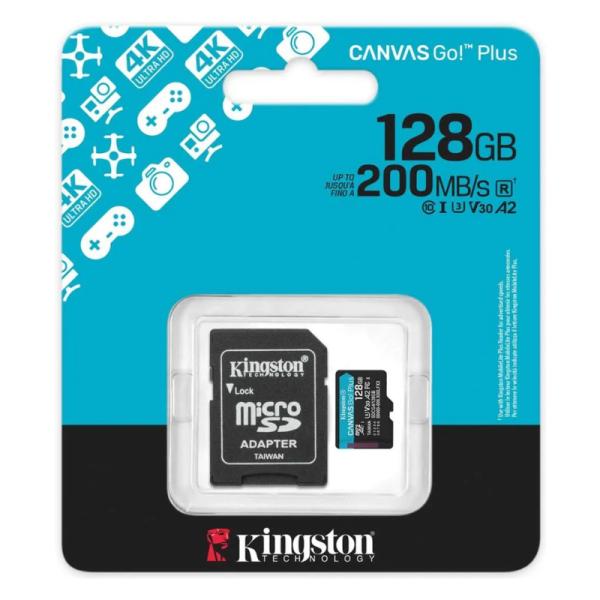 Tarjeta MicroSD Kingston SDCG4/128GB 128GB vista posterior mostrando contactos dorados y diseño compacto