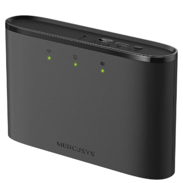 Router portátil MERCUSYS MT110 4G vista frontal con pantalla LED y logo de marca