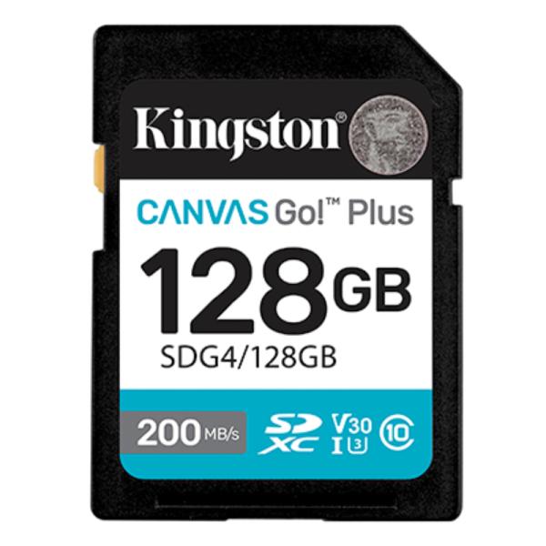 Memoria SDXC Kingston Canvas Go Plus 128GB negra vista frontal con etiqueta