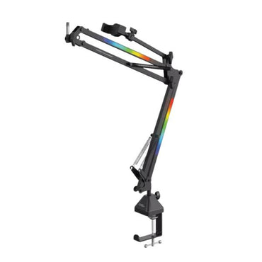 Soporte micrófono VX100 ajustable en altura mostrando mecanismo de regulación y diseño ergonómico lateral