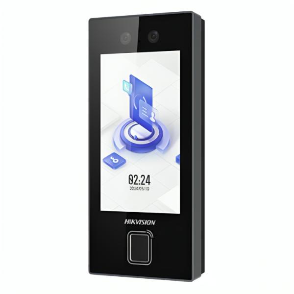 Lector biométrico Hikvision DS-K1T344MBFWX vista frontal con pantalla táctil
