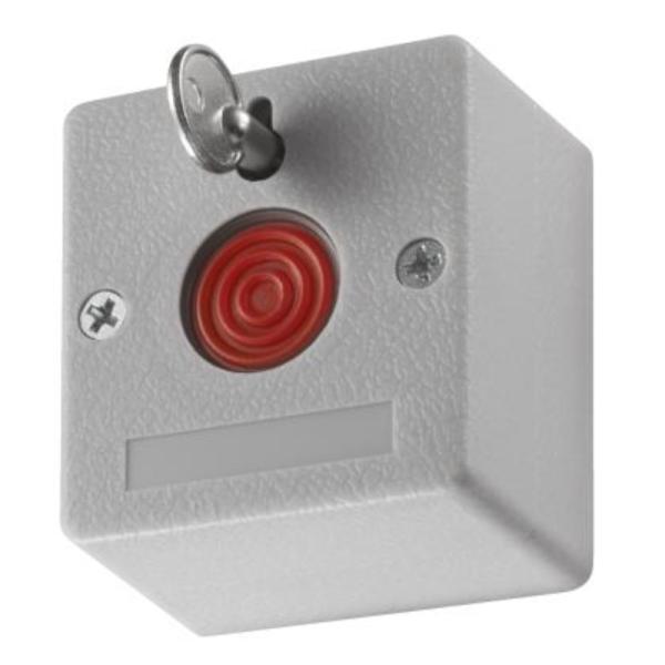 Botón de pánico Hikvision DS-PD1-EB vista frontal con carcasa ABS blanca