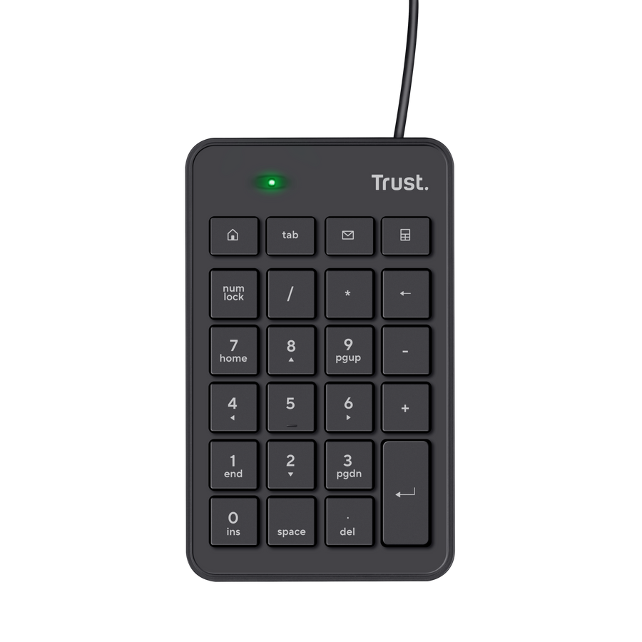 Teclado numérico Trust Xalas USB negro vista frontal completa con 23 teclas de perfil bajo