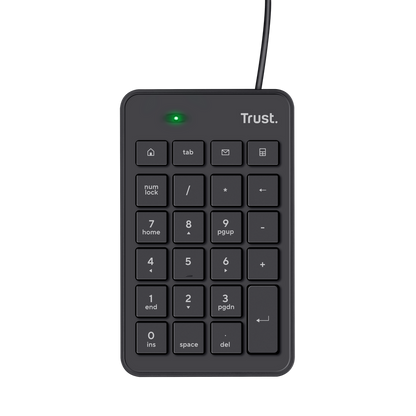 Teclado numérico Trust Xalas USB negro vista frontal completa con 23 teclas de perfil bajo