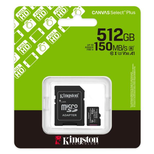 Memoria MicroSD Kingston 512GB SDCS3 negra vista frontal con etiqueta de capacidad y velocidad