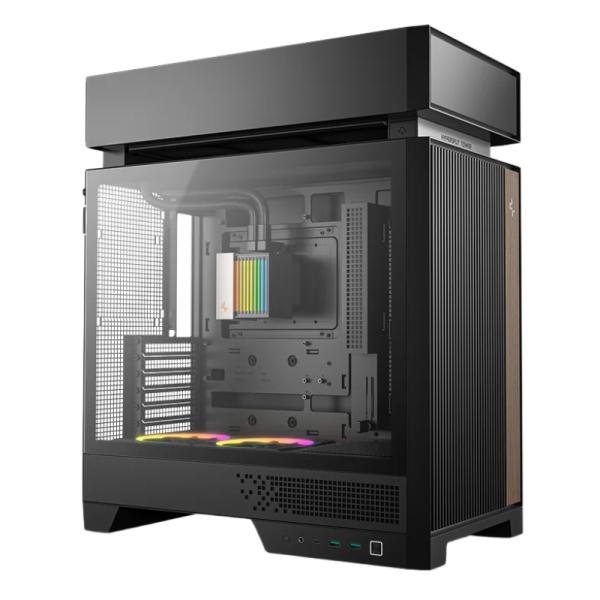 Case DeepCool CL6600 RGB negro vista frontal con malla y ventiladores iluminados