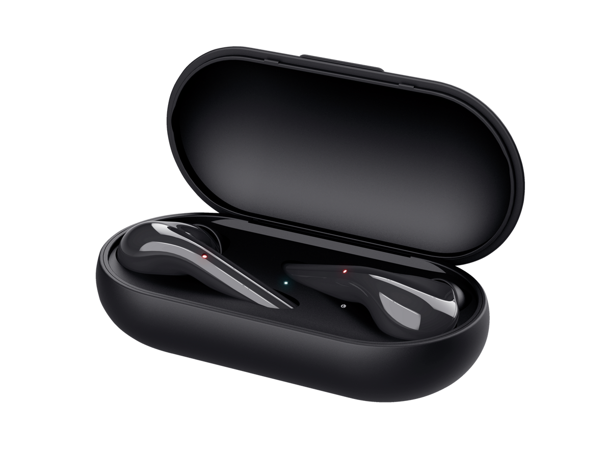 Estuche de carga abierto con audífonos Trust Nika Touch en su interior