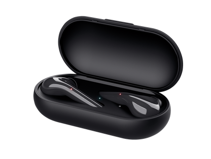Estuche de carga abierto con audífonos Trust Nika Touch en su interior