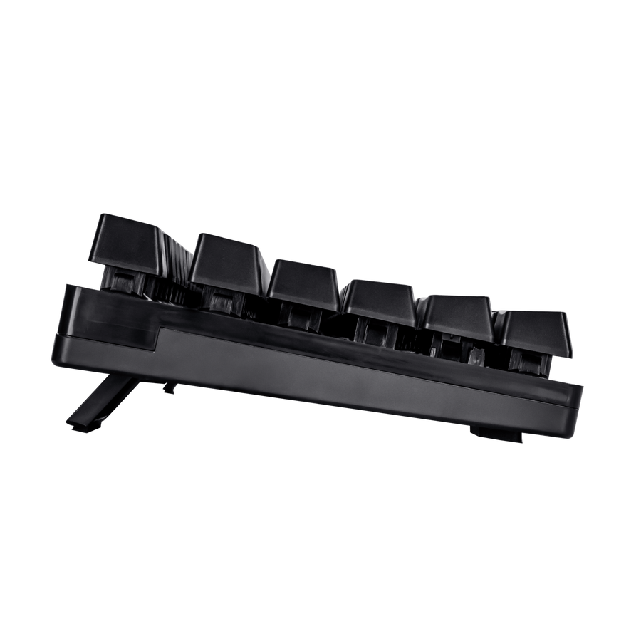 Vista trasera del teclado gaming Trust con cable USB y patas de apoyo