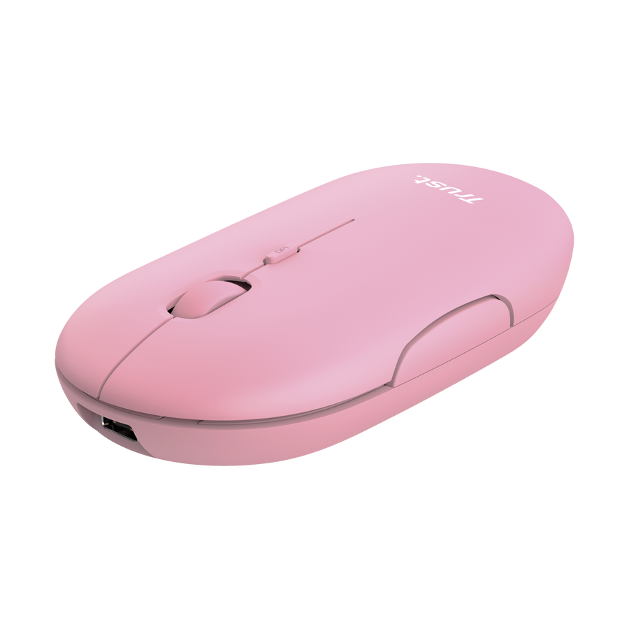 Mouse Trust Puck rosa recargable vista lateral mostrando altura de 27mm ultradelgada