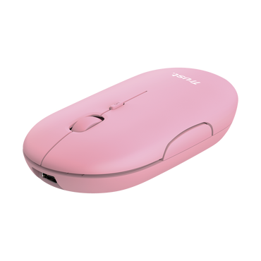Mouse Trust Puck rosa recargable vista lateral mostrando altura de 27mm ultradelgada