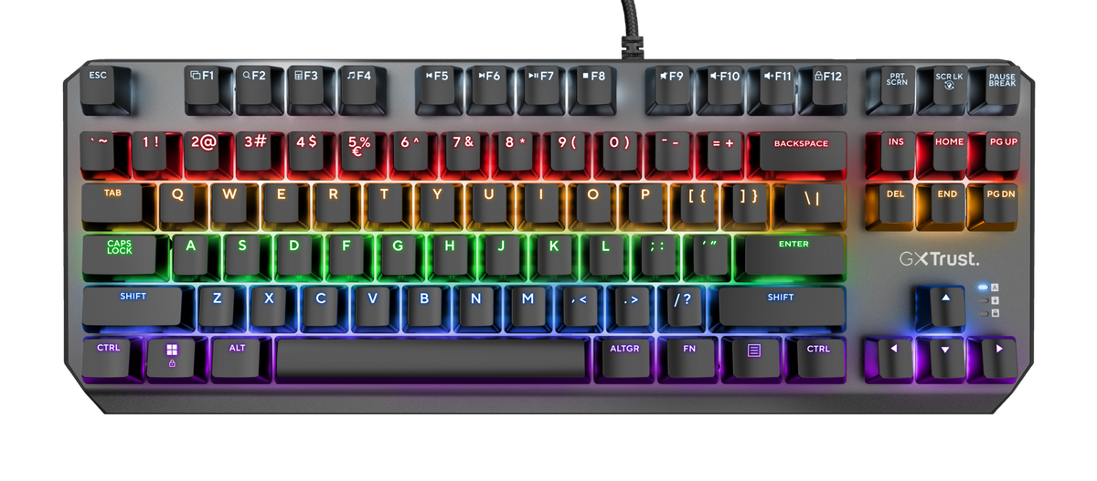 Teclado Trust GXT 834 Callaz mecánico gaming vista frontal completa con iluminación RGB