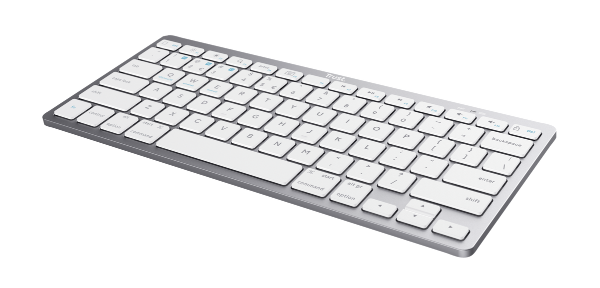 Vista lateral del teclado Trust 24654 mostrando su diseño de perfil bajo y acabado elegante