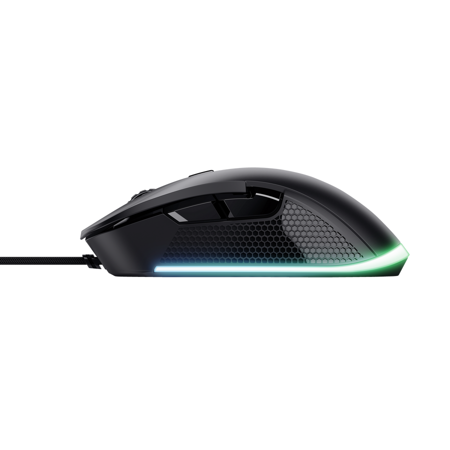 Mouse Trust GXT 922 Ybar vista de perfil izquierdo con efectos LED