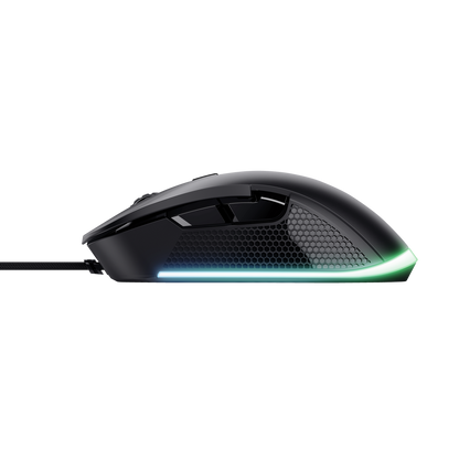 Mouse Trust GXT 922 Ybar vista de perfil izquierdo con efectos LED