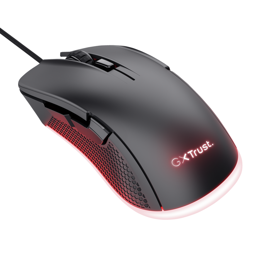 Vista en ángulo del mouse Trust GXT 922 Ybar con iluminación RGB activada