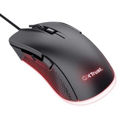 Vista en ángulo del mouse Trust GXT 922 Ybar con iluminación RGB activada