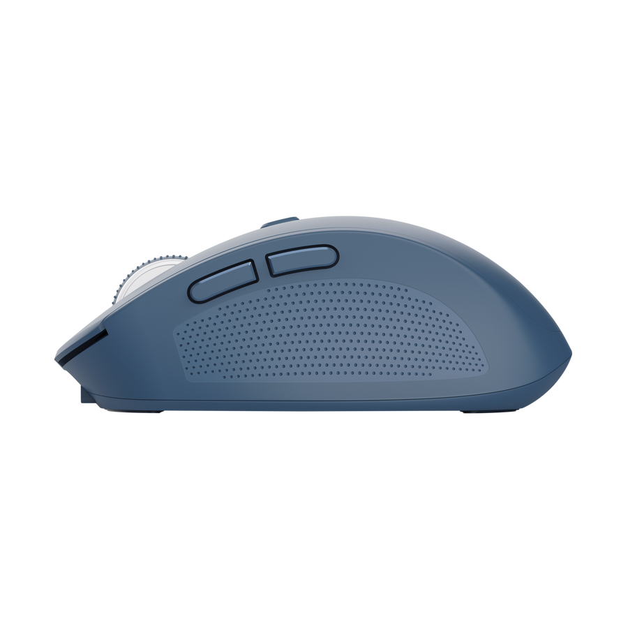 Mouse Trust Ozaa inalámbrico azul en escritorio mostrando conectividad multidispositivo