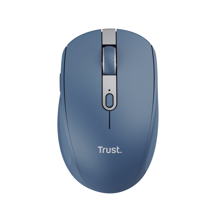 Mouse Trust Ozaa inalámbrico azul vista frontal con botones silenciosos