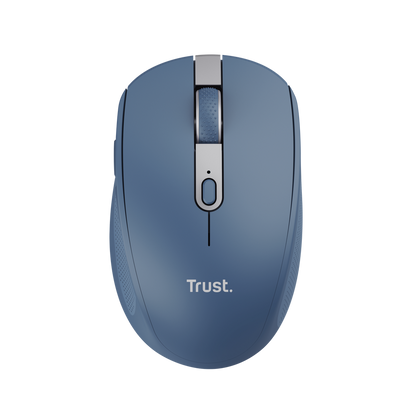 Mouse Trust Ozaa inalámbrico azul vista frontal con botones silenciosos