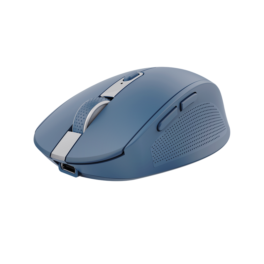 Mouse Trust Ozaa inalámbrico vista superior mostrando diseño ergonómico azul