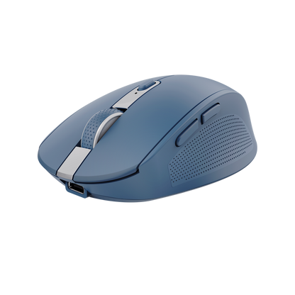 Mouse Trust Ozaa inalámbrico vista superior mostrando diseño ergonómico azul