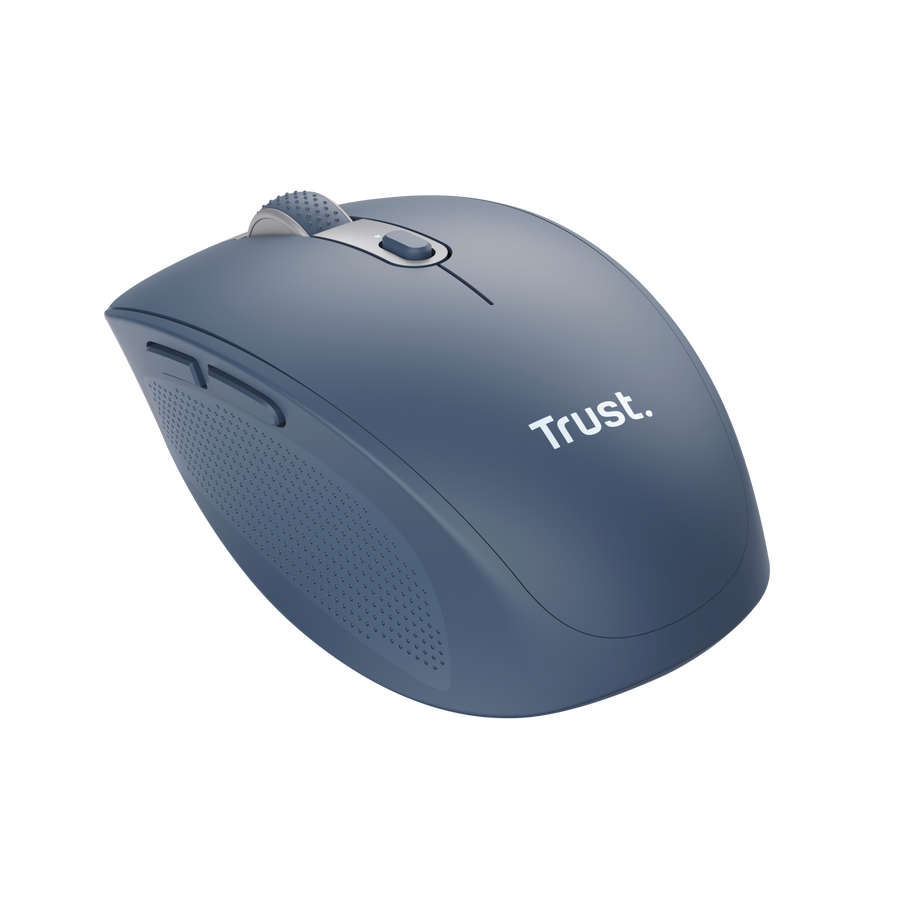 Mouse Trust Ozaa azul vista inferior con receptor USB 2.4GHz incluido