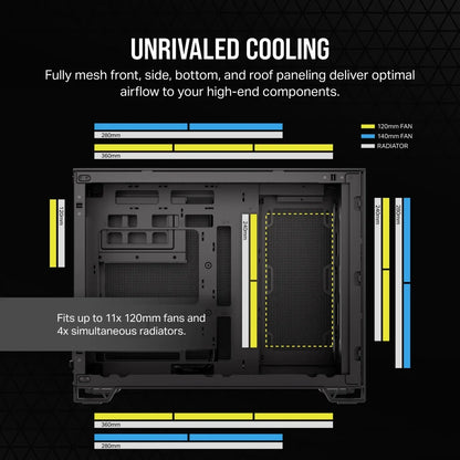 Interior del case Corsair 2500D mostrando doble cámara y espacio para cables