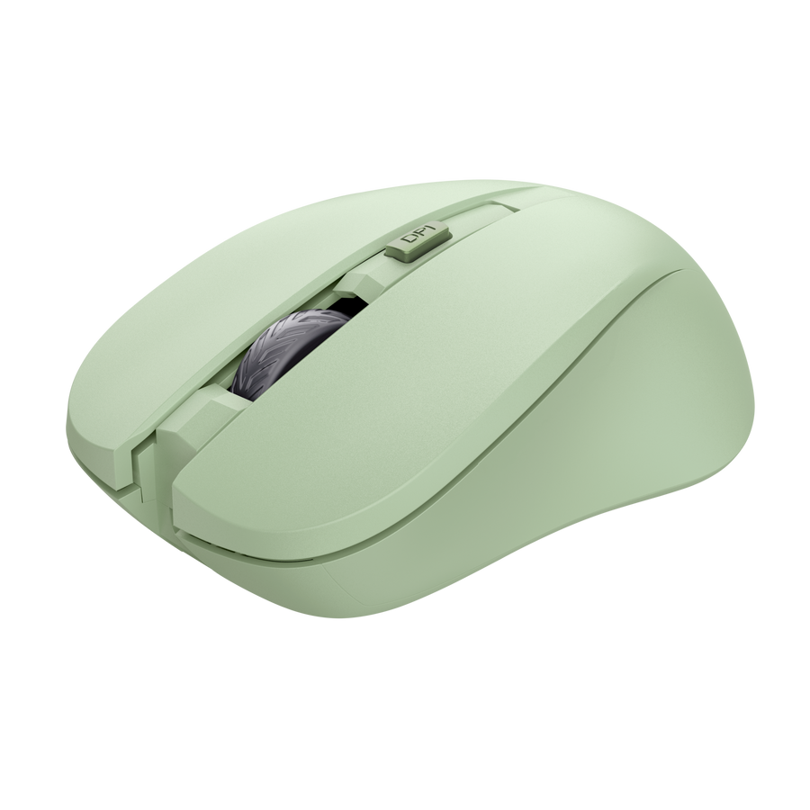Mouse Trust Mydo verde vista inferior con sensor óptico y compartimento batería
