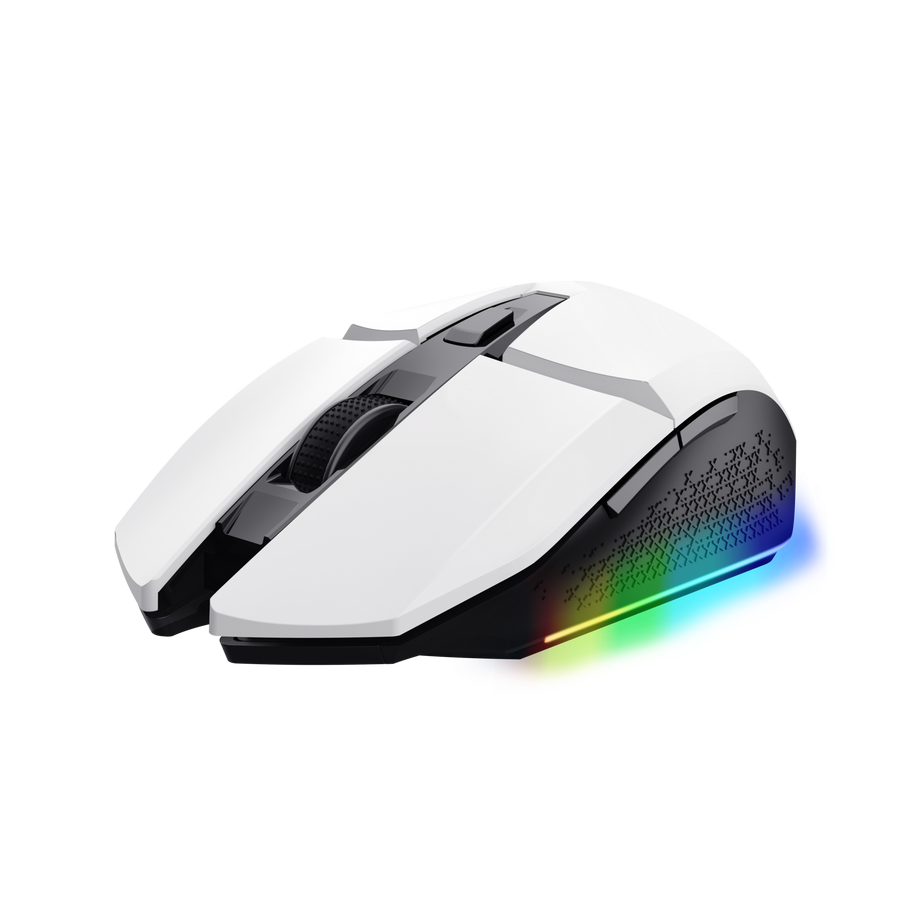 Vista lateral del mouse Trust GXT 110 Felox blanco mostrando botones laterales y diseño ergonómico