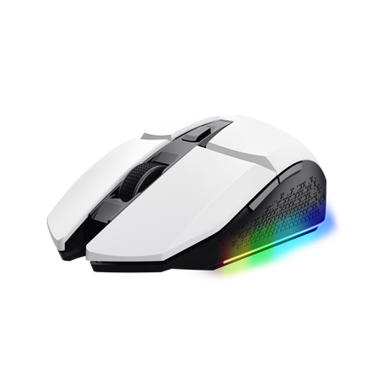 Vista lateral del mouse Trust GXT 110 Felox blanco mostrando botones laterales y diseño ergonómico
