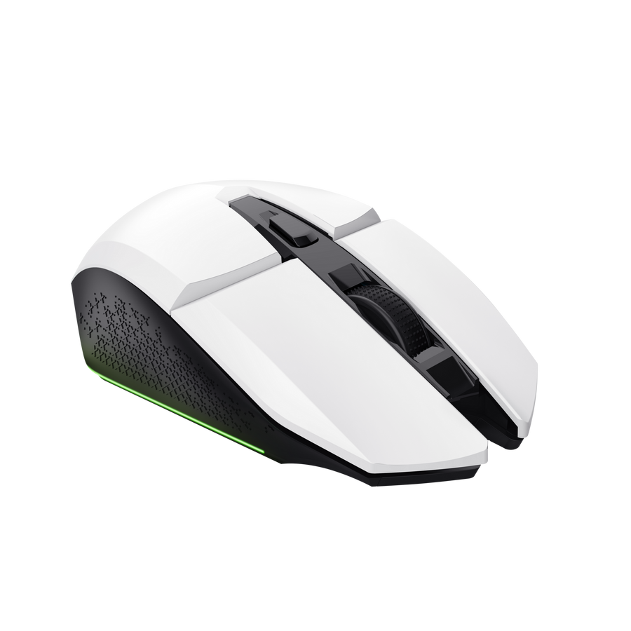 Vista superior del mouse Trust GXT 110 Felox blanco con rueda scroll y botones principales