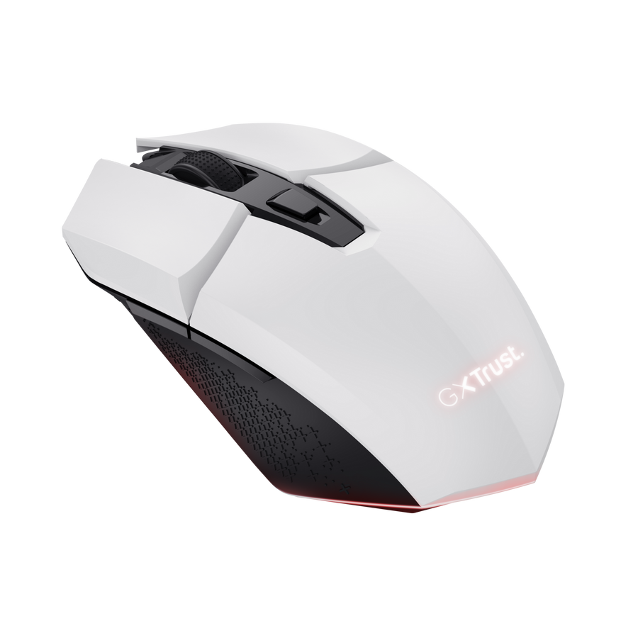 Mouse gaming inalámbrico Trust GXT 110 Felox en ángulo mostrando base y sensor óptico