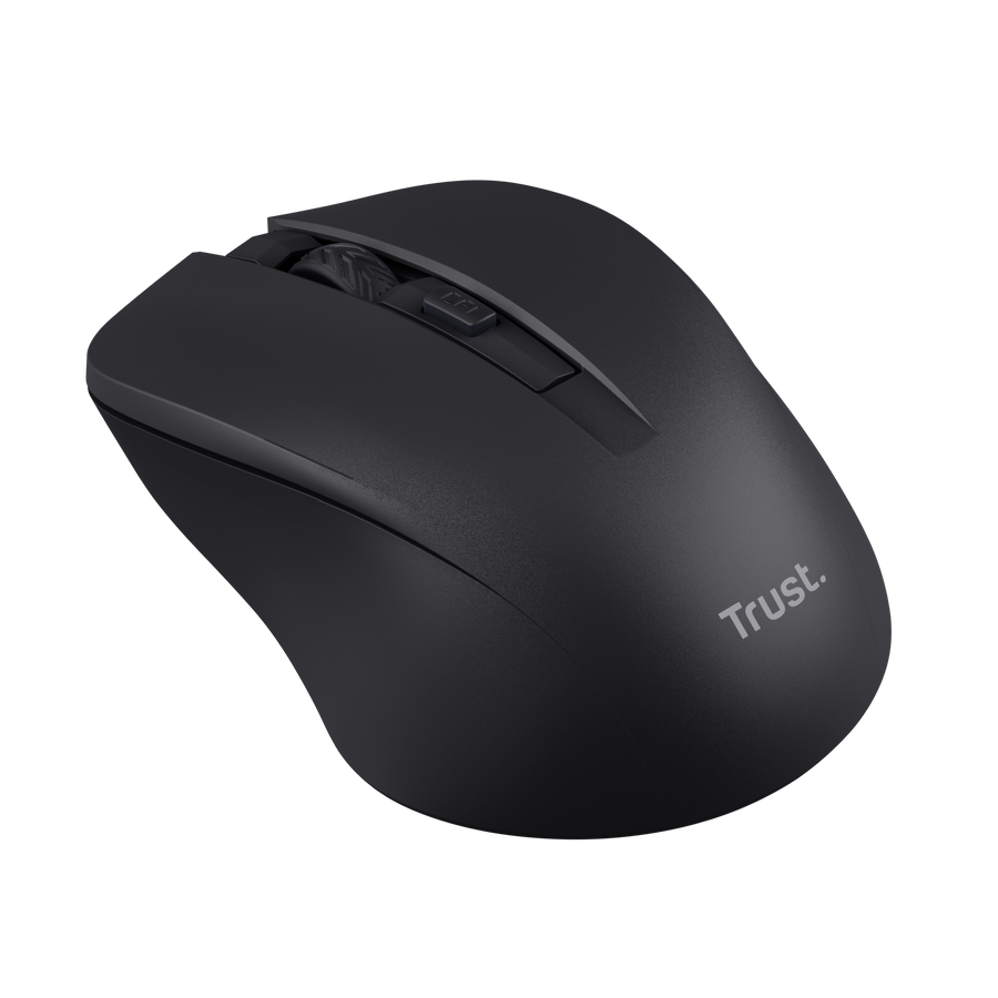 Mouse Trust Mydo silencioso negro vista frontal con receptor USB
