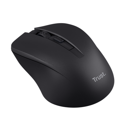 Mouse Trust Mydo silencioso negro vista frontal con receptor USB