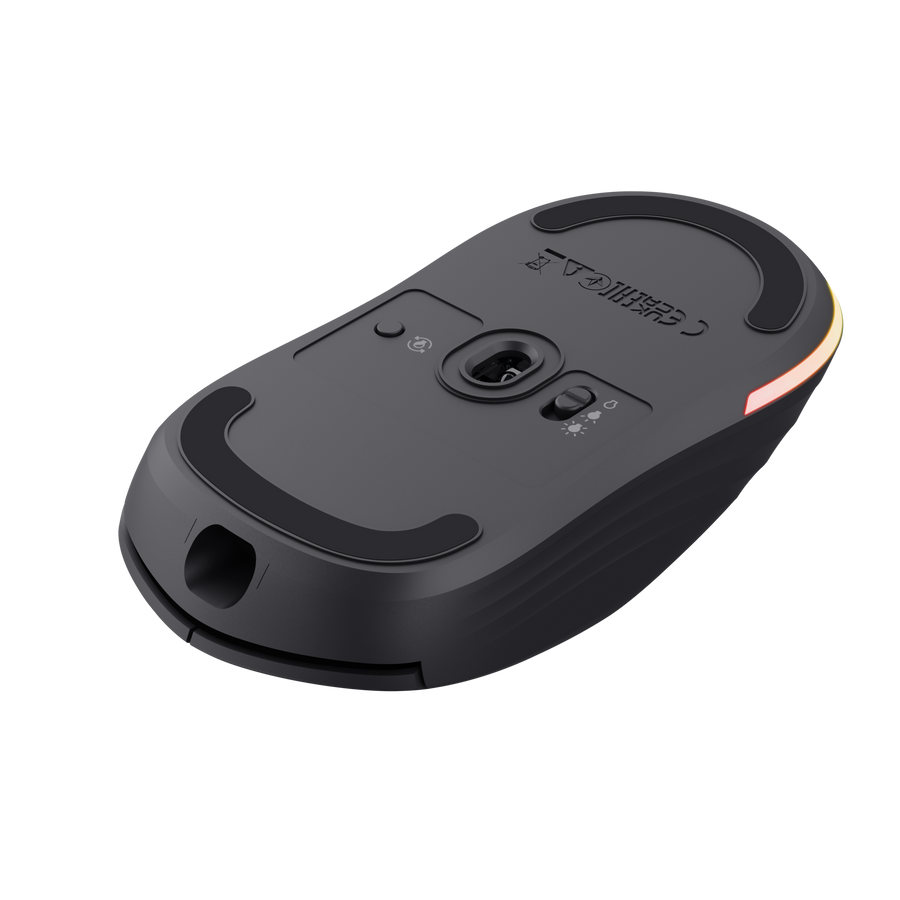 Mouse Trust GXT 927 Redex+ junto a receptor inalámbrico USB y accesorios